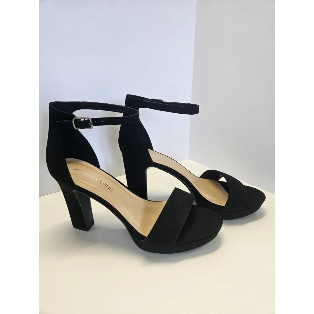 Stylish High Block Heel Women's Size 8 Open Toe Platform Ankle Strap Black Suede